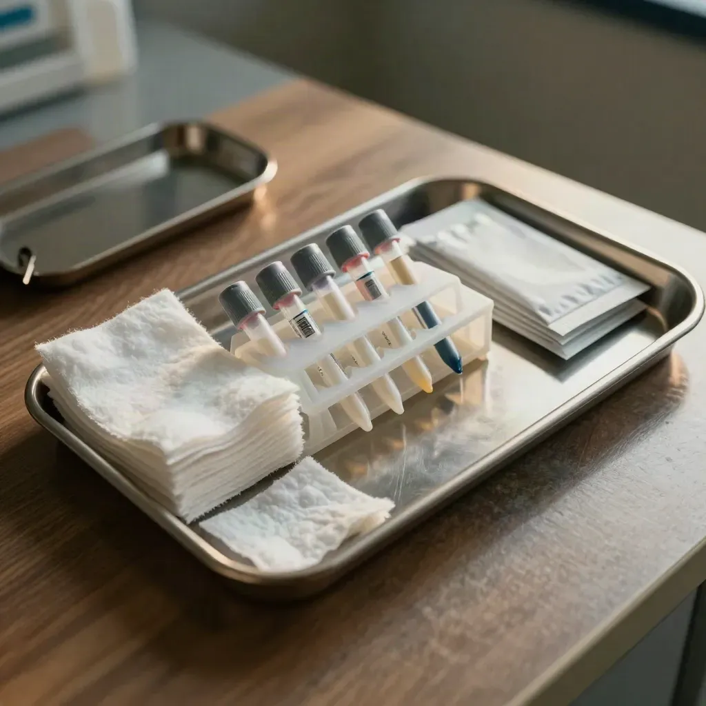 Top-down medical blood test tray with tubes, gauze and swabs on stainless steel.