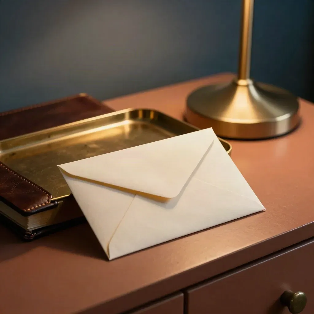 Cream referral envelope in a brass tray beside leather folder and lamp base on a warm clinic sideboard.