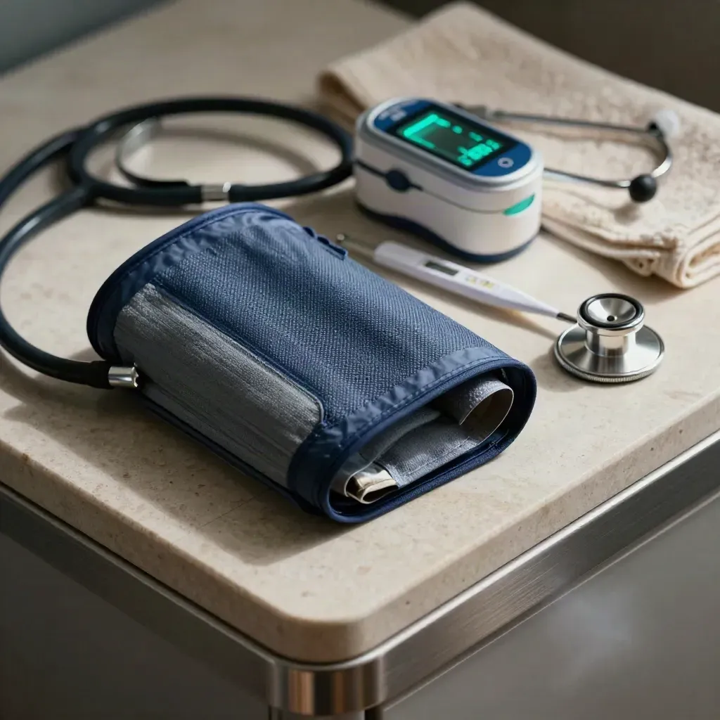 Macro of blood-pressure cuff, pulse oximeter, stethoscope and thermometer on a stone ledge
