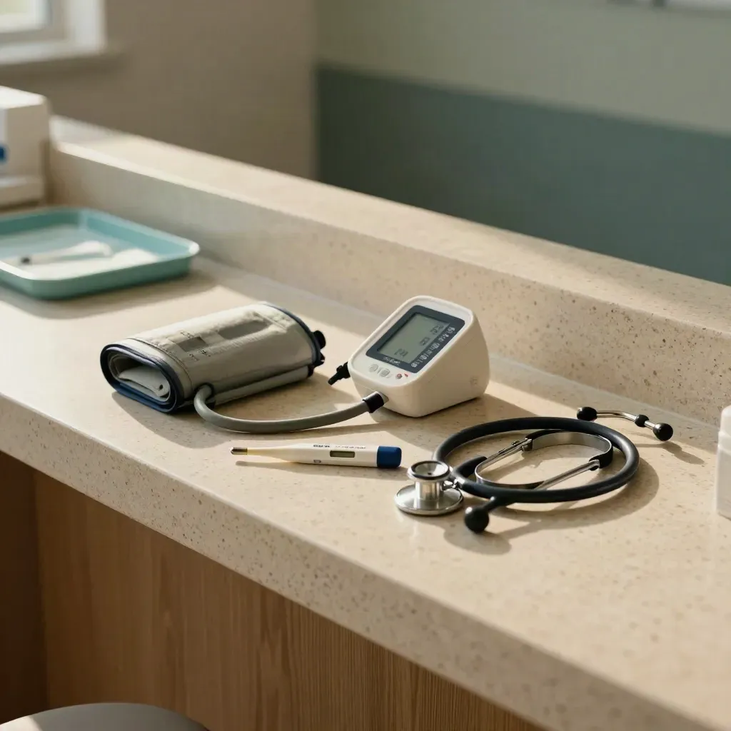 Empty private clinic health-check station with cuff, oximeter, stethoscope and thermometer on stone counter