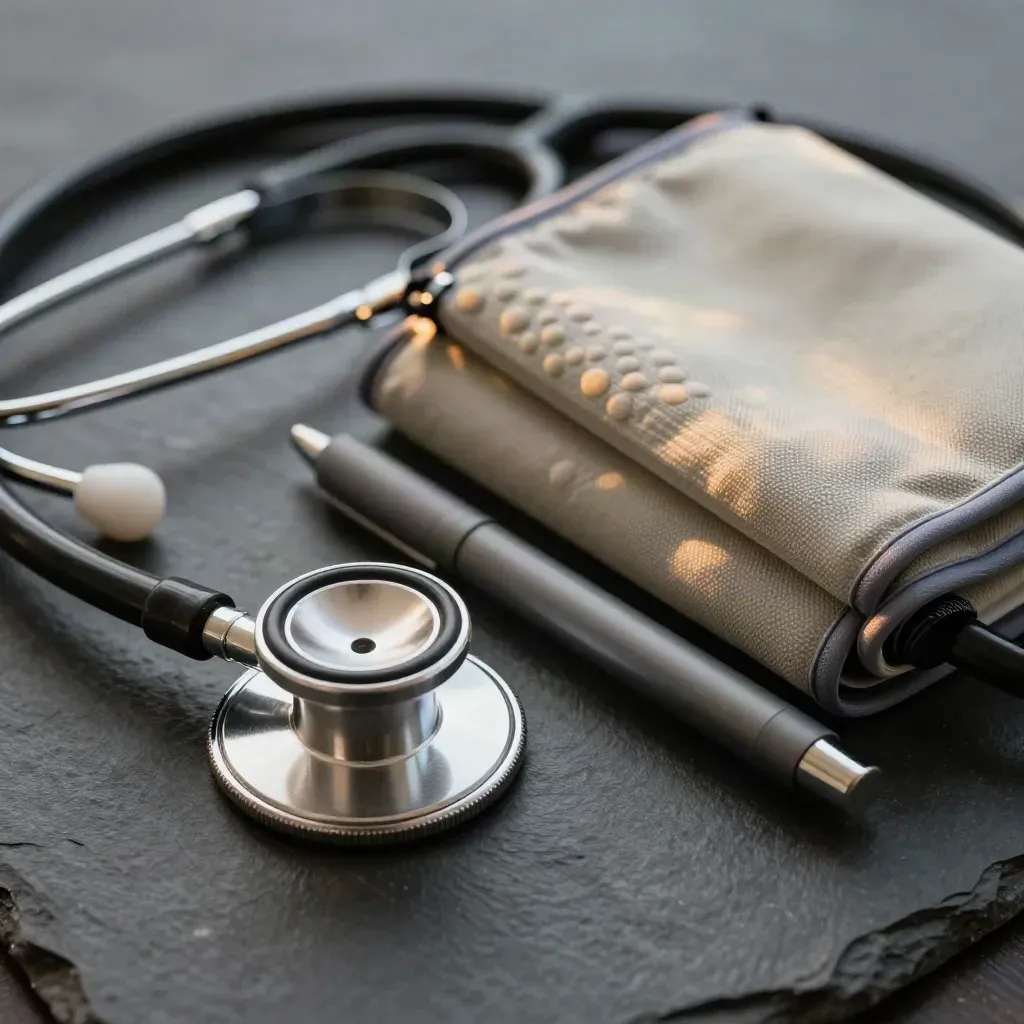 Macro still life of GP diagnostic tools on dark stone with crisp chrome and cuff textures