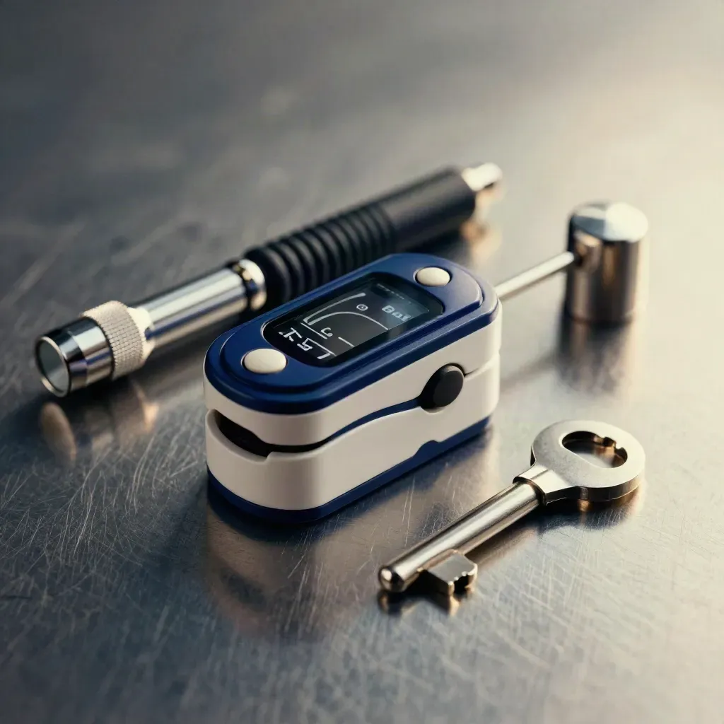 Private GP tools on brushed steel: pulse oximeter shell, reflex hammer and penlight in dramatic light.