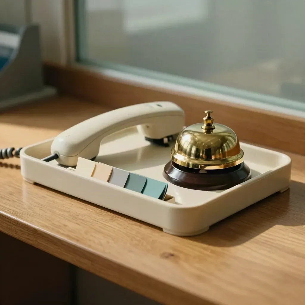 Brass desk bell, cordless handset and colour tabs on a clinic coordination desk with soft daylight.