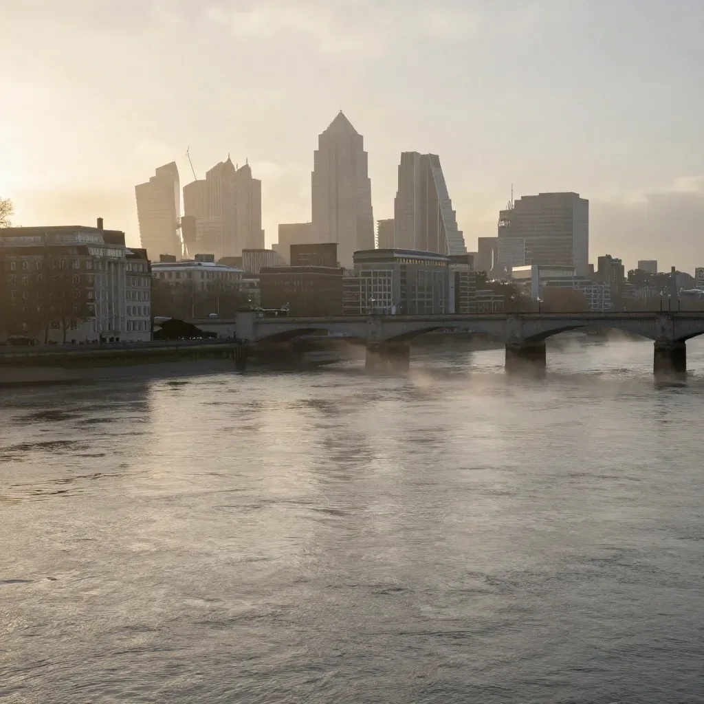 Misty Thames sunrise with a high London skyline and bridge silhouette, calm river foreground