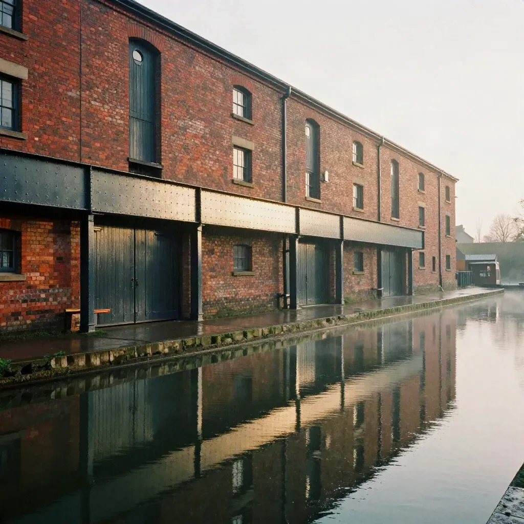 Wet West Midlands canal warehouses and a steel bridge glowing in drizzle at golden hour.